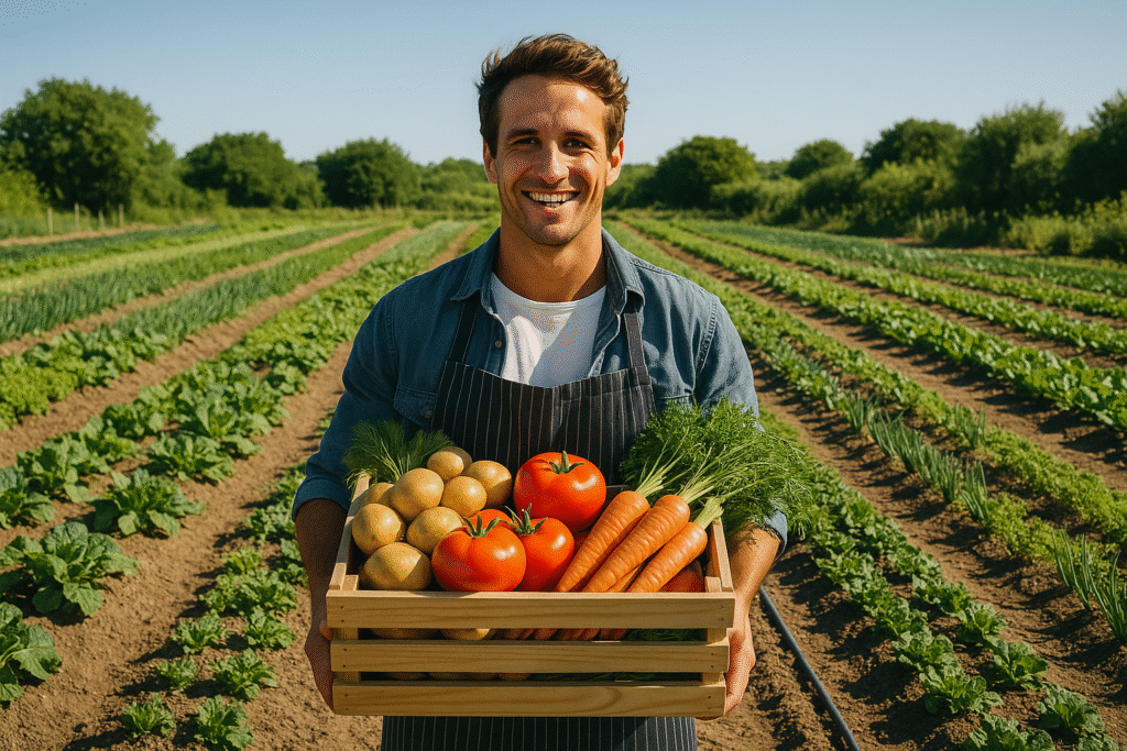 Fyto-8, farmer holding veggies. 