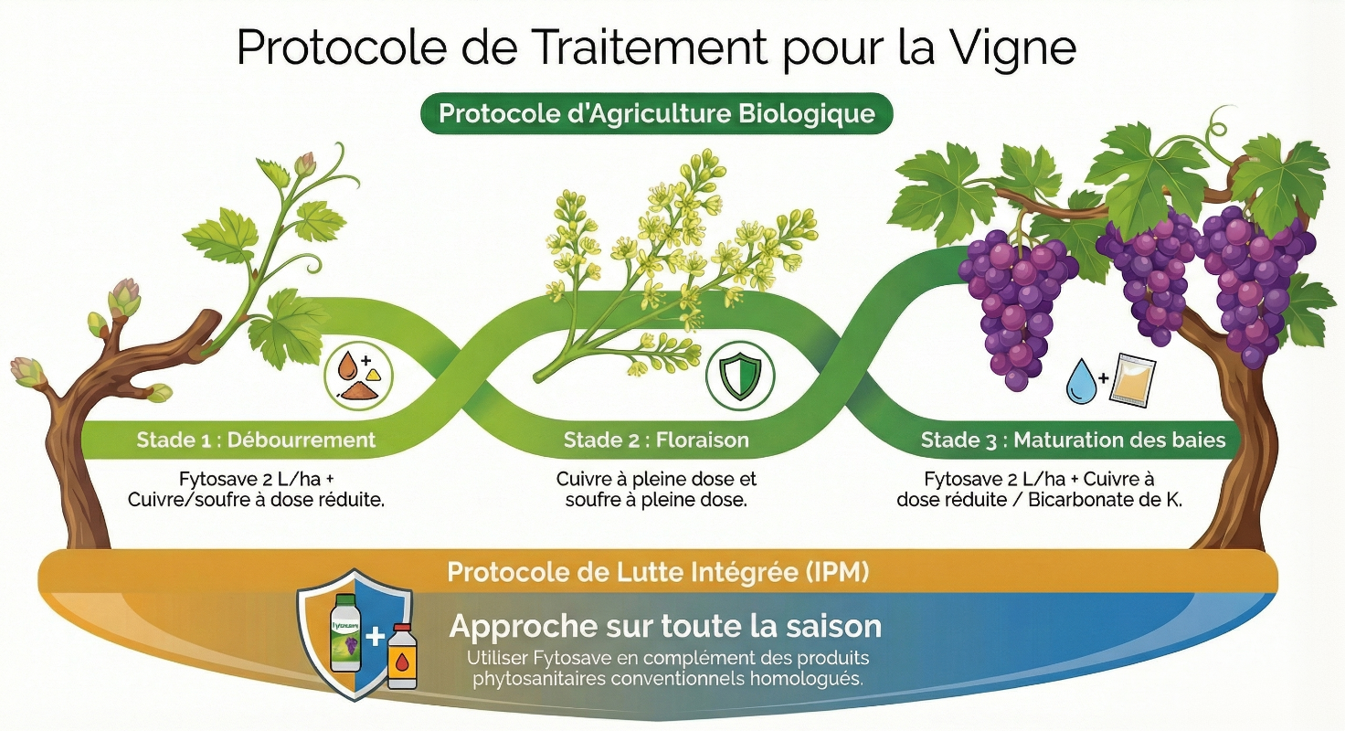 Les trois étapes du protocole de traitement Fytosave en vigne